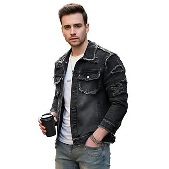 Men's Distressed Denim Jacket, Vintage Frayed Edges Trucker Jacket for Streetwear