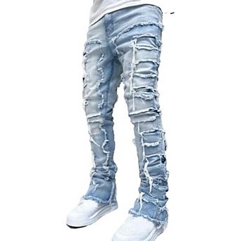 Men's Stacked Ripped Skinny Jeans, Patchwork Distressed Denim Pants for Streetwear