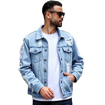 Men's Light Wash Distressed Denim Jacket, Ripped Casual Trucker Coat for Streetwear