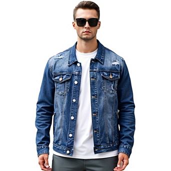 Men's Dark Wash Distressed Denim Jacket, Casual Button-Down Trucker Coat for Everyday Wear