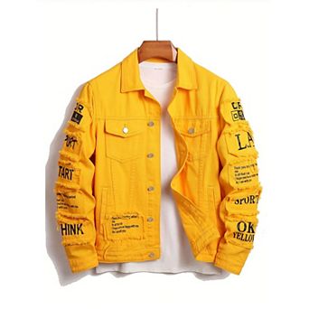 Men's Graphic Patchwork Denim Jacket, Streetwear Trucker Coat with Frayed Letter Patches