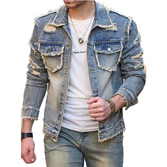 Men's Heavy Frayed Distressed Denim Jacket, Vintage Washed Trucker Coat for Streetwear