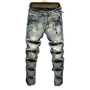 Men's Vintage Washed Ripped Straight Leg Jeans, Casual Distressed Denim Pants