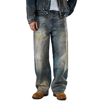 Men's Vintage Distressed Baggy Jeans, Retro Washed Wide Leg Denim Pants for Streetwear