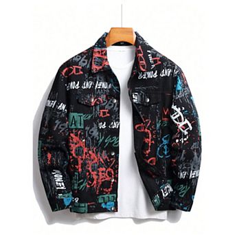Men's Graffiti Print Denim Jacket, Casual Button-Down Trucker Coat for Streetwear