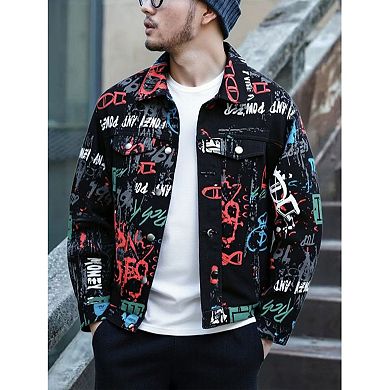 Men's Graffiti Print Denim Jacket, Casual Button-Down Trucker Coat for Streetwear