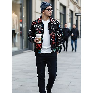 Men's Graffiti Print Denim Jacket, Casual Button-Down Trucker Coat for Streetwear