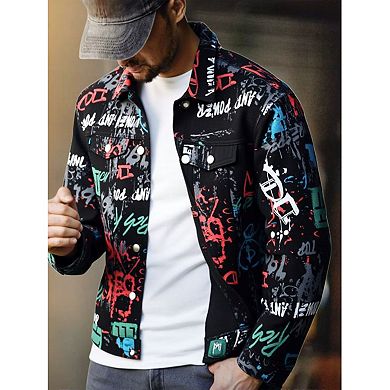 Men's Graffiti Print Denim Jacket, Casual Button-Down Trucker Coat for Streetwear