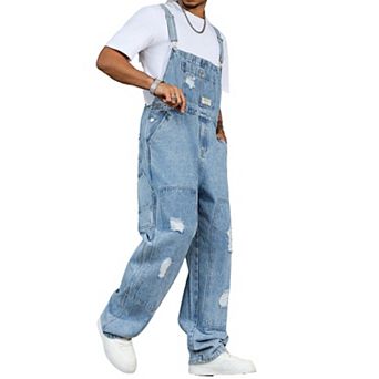 Men's Distressed Denim Bib Overalls, Loose Fit Casual Streetwear Jumpsuit with Adjustable.