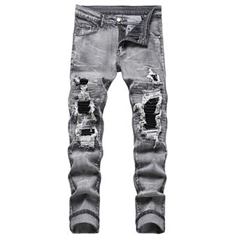 Men's Distressed Ripped Slim Fit Biker Jeans, Stretch Denim Pants with Patches.