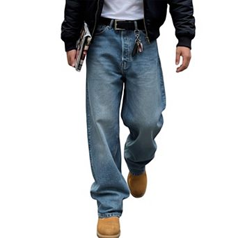Men's Baggy Wide Leg Jeans, Casual Loose Fit Washed Denim Pants for Streetwear