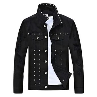 Men's Studded Denim Trucker Jacket, Button-Down Streetwear Coat with Decorative Hardware