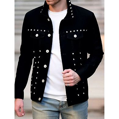 Men's Studded Denim Trucker Jacket, Button-Down Streetwear Coat with Decorative Hardware