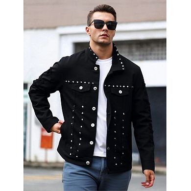 Men's Studded Denim Trucker Jacket, Button-Down Streetwear Coat with Decorative Hardware