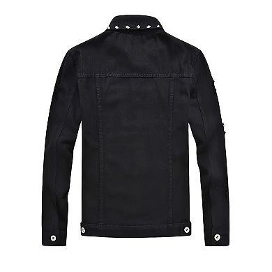 Men's Studded Denim Trucker Jacket, Button-Down Streetwear Coat with Decorative Hardware