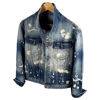 Men's Bleached Distressed Denim Jacket, Button-Down Trucker Coat with Paint-Splatter