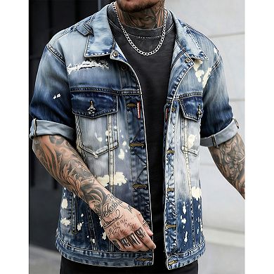 Men's Bleached Distressed Denim Jacket, Button-Down Trucker Coat with Paint-Splatter