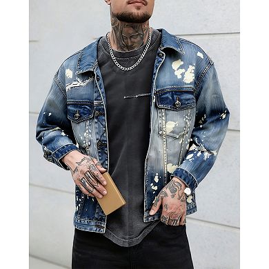 Men's Bleached Distressed Denim Jacket, Button-Down Trucker Coat with Paint-Splatter