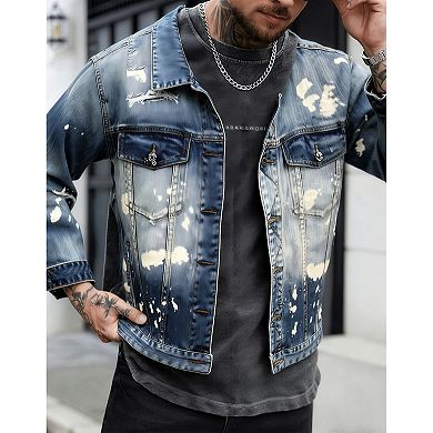 Men's Bleached Distressed Denim Jacket, Button-Down Trucker Coat with Paint-Splatter