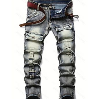 Men's Vintage Washed Cargo Jeans, Multi-Pocket Utility Denim Pants for Streetwear