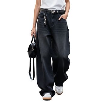 Men's Black Washed Baggy Jeans, Loose Wide Leg Denim Pants for Streetwear & Casual