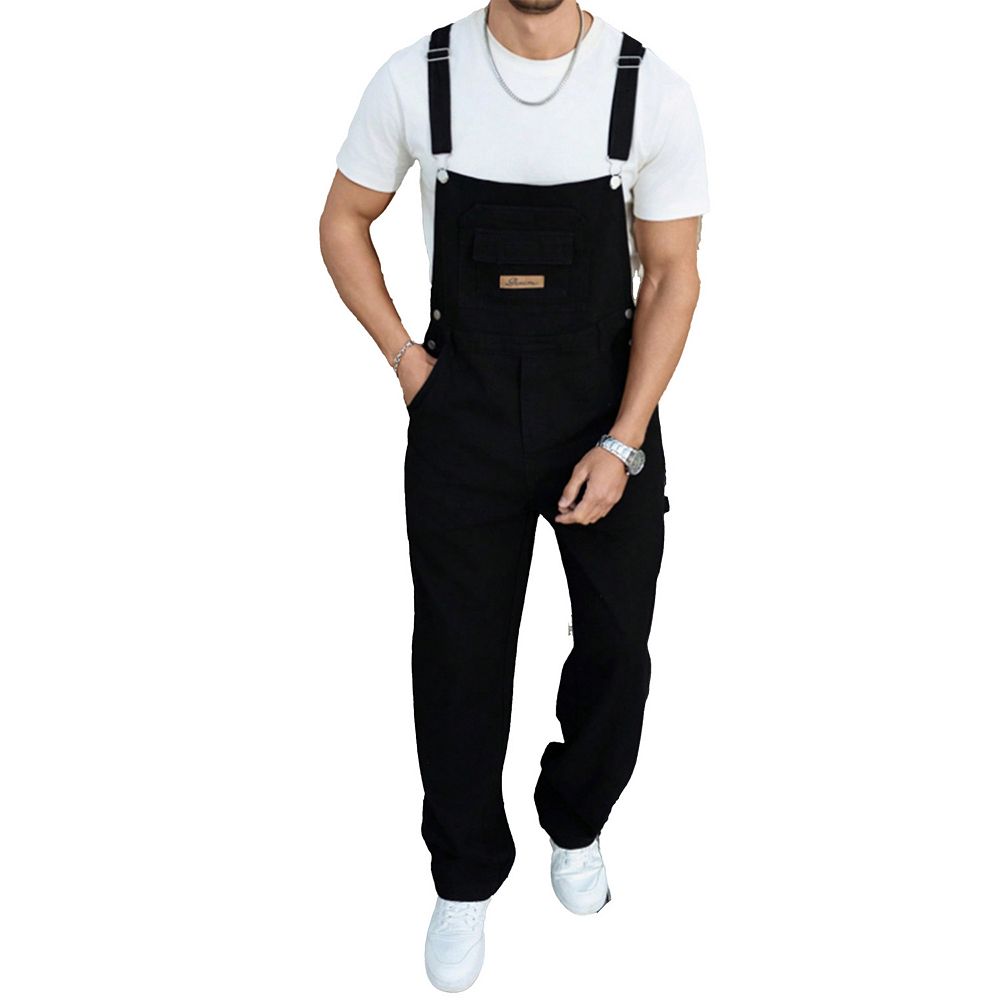 Men's Black Denim Bib Overalls, Loose Wide Leg Jumpsuit with