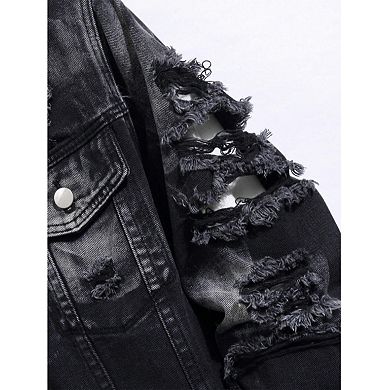 Men's Distressed Black Denim Jacket, Frayed Button-Down Trucker Coat for Streetwear