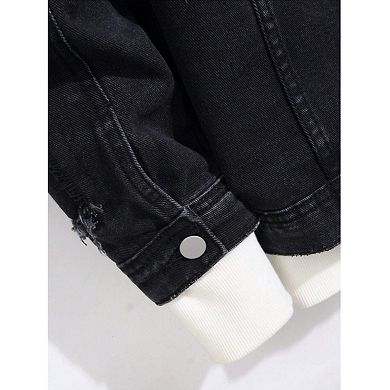 Men's Distressed Black Denim Jacket, Frayed Button-Down Trucker Coat for Streetwear