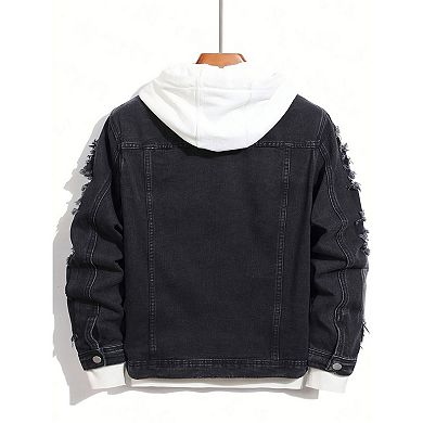 Men's Distressed Black Denim Jacket, Frayed Button-Down Trucker Coat for Streetwear