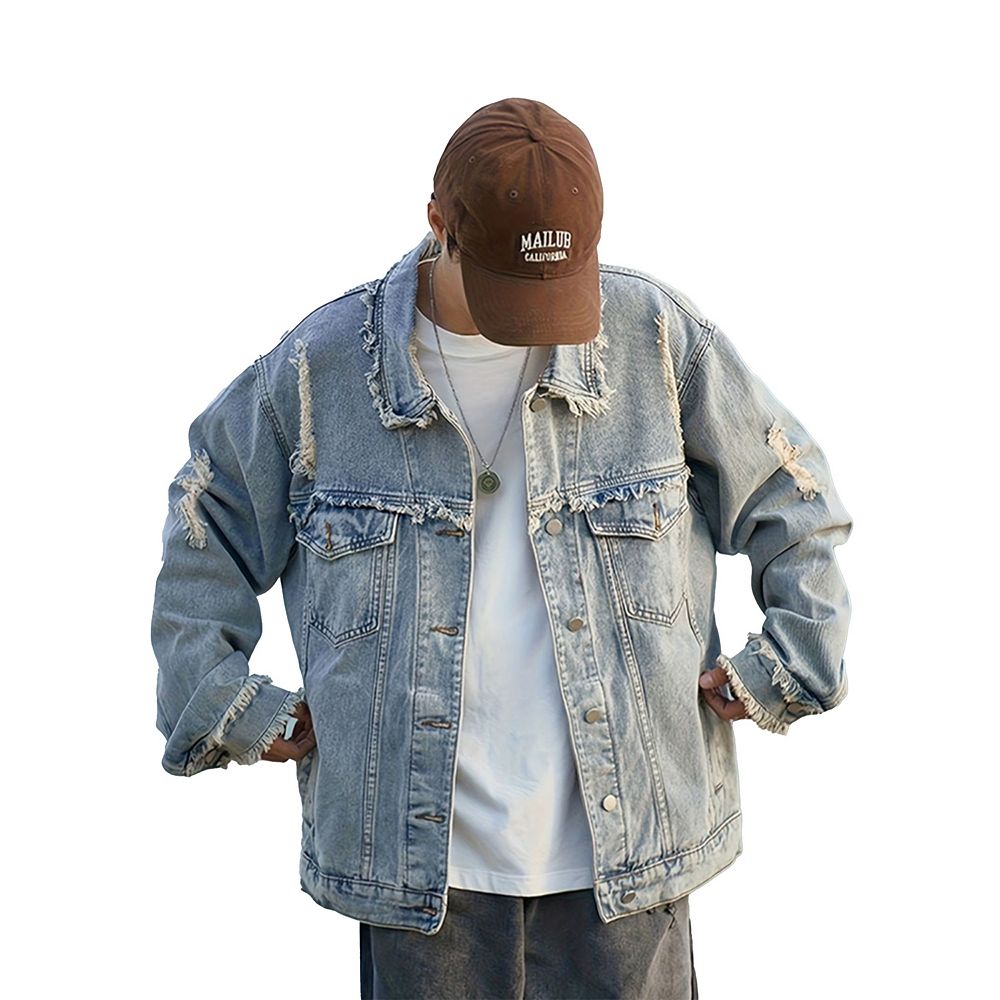 Men's Light Washed Frayed Denim Jacket, Oversized Distressed