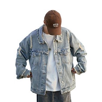 Men's Light Washed Frayed Denim Jacket, Oversized Distressed Trucker Coat for Streetwear