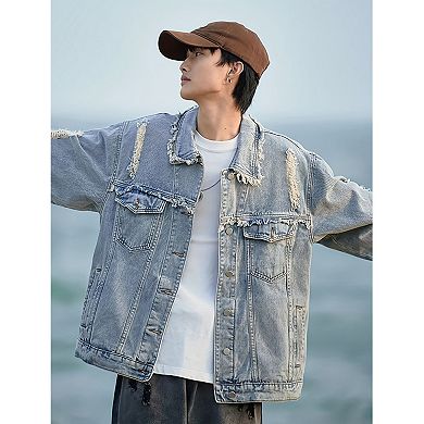 Men's Light Washed Frayed Denim Jacket, Oversized Distressed Trucker Coat for Streetwear