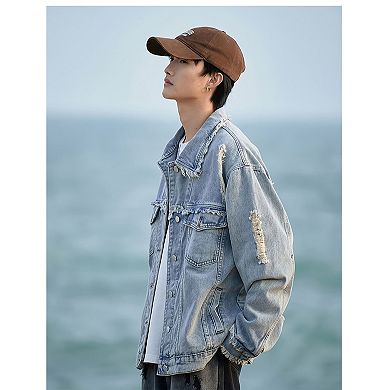 Men's Light Washed Frayed Denim Jacket, Oversized Distressed Trucker Coat for Streetwear