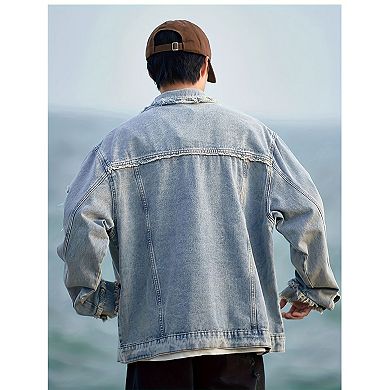 Men's Light Washed Frayed Denim Jacket, Oversized Distressed Trucker Coat for Streetwear