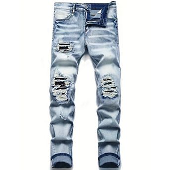 Men's Distressed Patchwork Slim Jeans, Light Washed Ripped Denim Pants for Streetwear