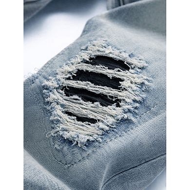 Men's Distressed Patchwork Slim Jeans, Light Washed Ripped Denim Pants for Streetwear