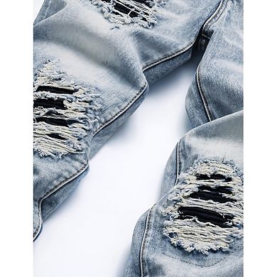 Men's Distressed Patchwork Slim Jeans, Light Washed Ripped Denim Pants for Streetwear