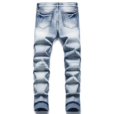 Men's Distressed Patchwork Slim Jeans, Light Washed Ripped Denim Pants for Streetwear