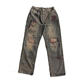 Men's Vintage Washed Patchwork Baggy Jeans, Artistic Stitched Denim Pants for Streetwear