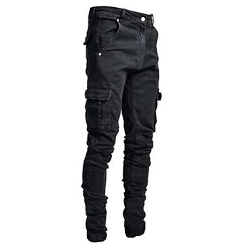 Men's Black Slim Cargo Jeans, Utility Pocket Skinny Denim Pants for Streetwear