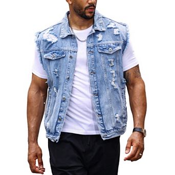 Men's Light Washed Distressed Denim Vest, Sleeveless Trucker Jacket for Streetwear
