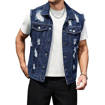 Men's Dark Washed Distressed Denim Vest, Sleeveless Trucker Jacket for Streetwear