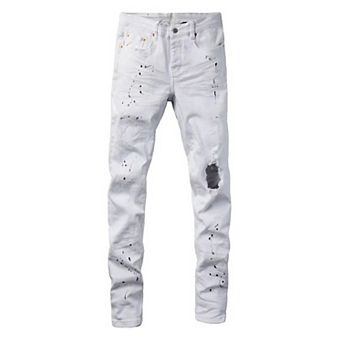 Men's White Distressed Slim Jeans, Paint Splatter Ripped Denim Pants for Streetwear