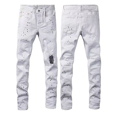 Men's White Distressed Slim Jeans, Paint Splatter Ripped Denim Pants for Streetwear
