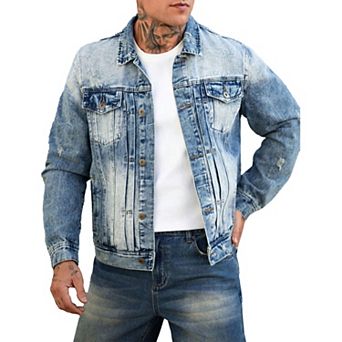 Men's Vintage Washed Distressed Denim Jacket, Faded Trucker Coat for Streetwear