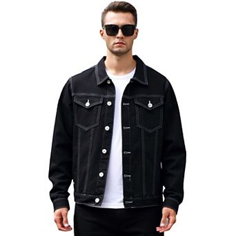 Men's Black Denim Trucker Jacket, Contrast Stitching Casual Coat for Streetwear