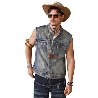 Men's Vintage Washed Denim Vest, Western Style Sleeveless Trucker Jacket for Casual