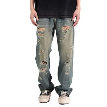 Men's Vintage Washed Ripped Baggy Jeans, Distressed Wide Leg Denim Pants for Streetwear