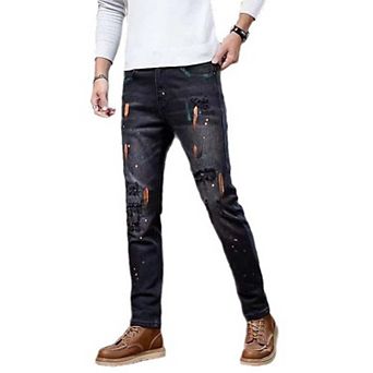Men's Paint-Splatter Slim Jeans, Distressed Dark Washed Denim Pants for Streetwear