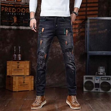 Men's Paint-Splatter Slim Jeans, Distressed Dark Washed Denim Pants for Streetwear